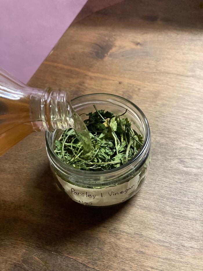 Parsley vinegar being made