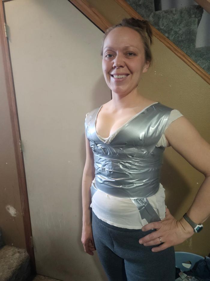 To begin, I wrapped myself in duct tape to get an accurate pattern for myself