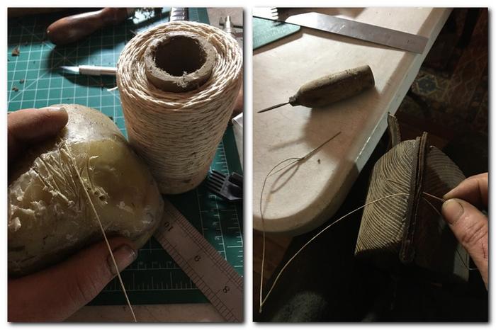 waxing thread and stitching clamped in a stitching pony or clam