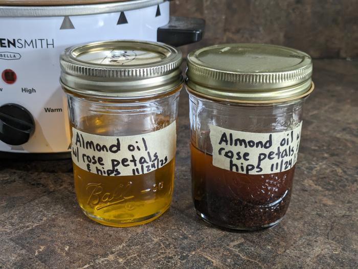 Bottles of strained oil and unstrained oil