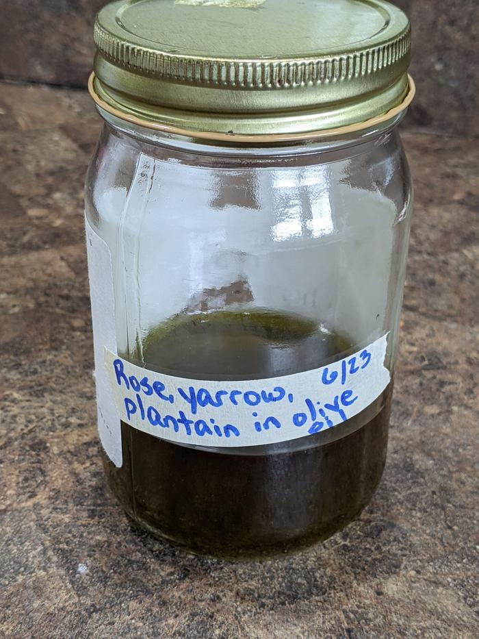 The finished oil in its labeled jar