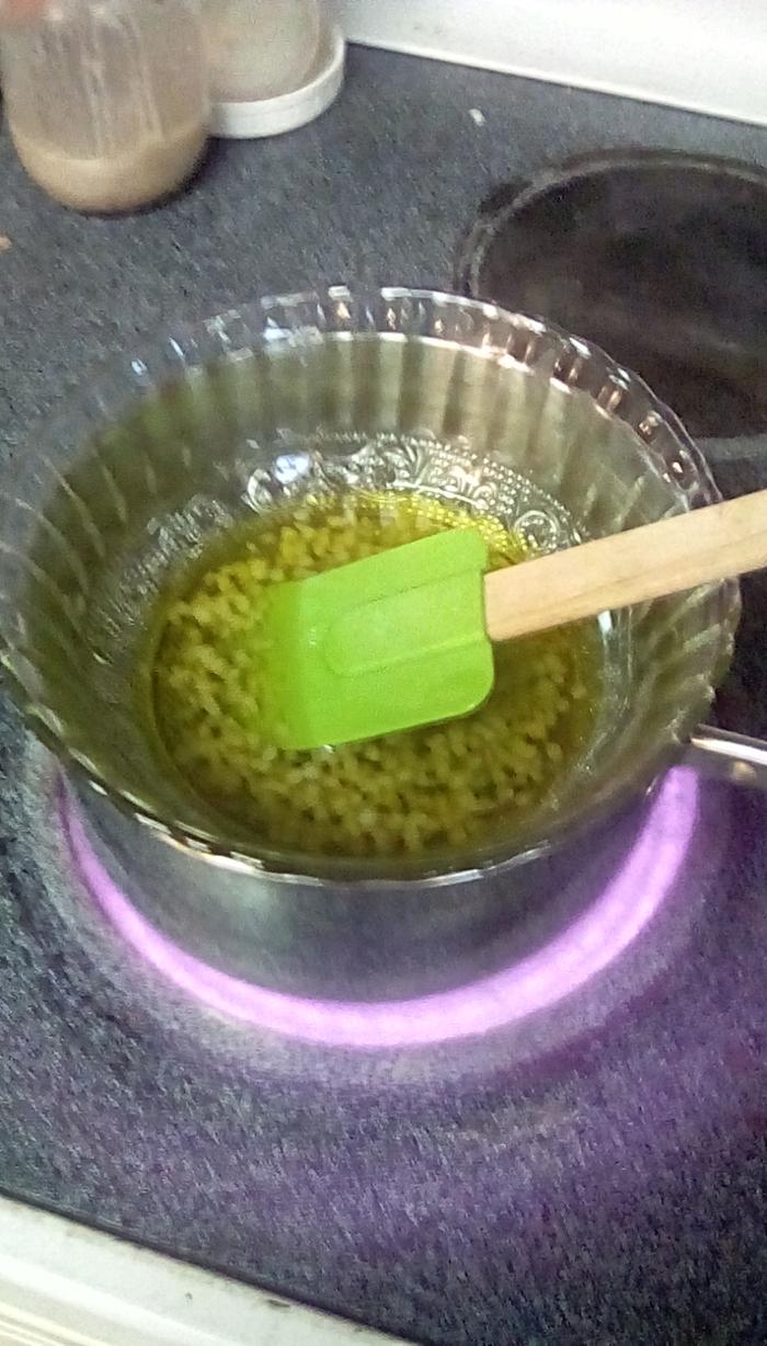 My makeshift double boiler, a saucepan and a glass bowl.