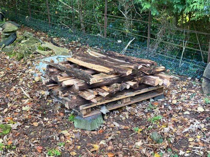 Some split wood that we hauled home and stacked nicely. This pile is 4ft by 4ft base area. We would aim for a stack three times as high per pallet. Four pallets would be a year of firewood for us. Gives us something to aim for.