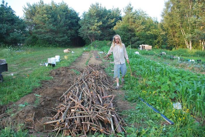 the wood filling the trench, stacked a little over 1 foot high