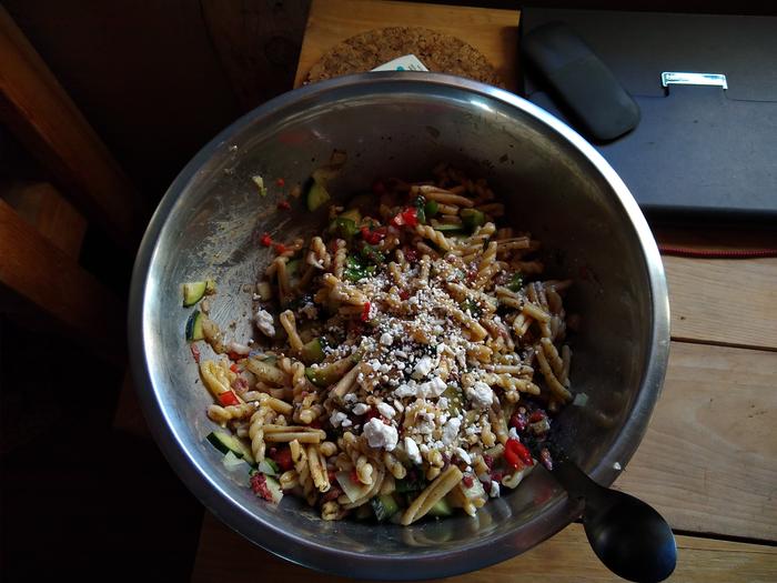 Pasta salad.. Doesn't need to be refrigerated here and I can dig in whenever I want something quick