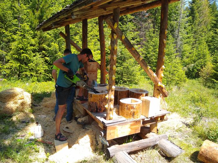 J & C carving up a beeboxes after the first timber run