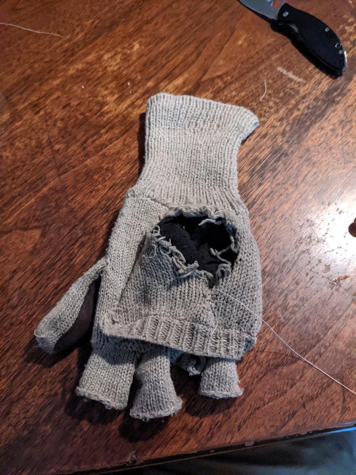 I found a needle already threaded for a repair I probably never got to and almost stabbed myself.. instead of throwing it away or the glove ripped up from last winter I put them both to use while eating breakfast. 