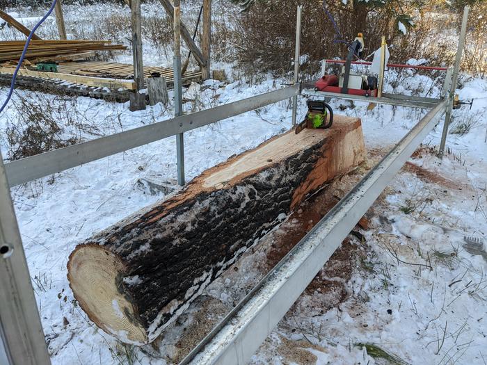 A little ripping with the chainsaw to accommodate the mill constraints. 