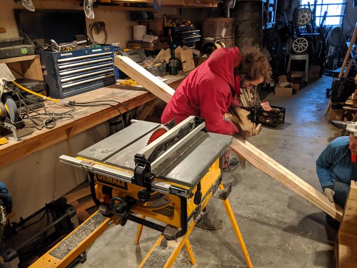 We were recovering some junk milled lumber to be used for shelving - our table saw didn't quite make it thru and Grey bets he can finish it in 5. Go!