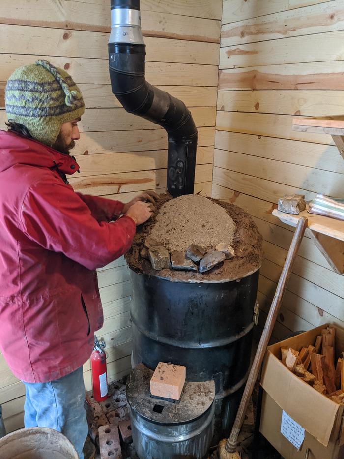 here's Grey's afternoon project - building a prototype cob cap for one of our RMH. 