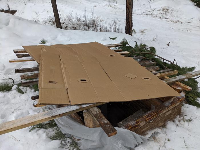 The pine bough roof held the snow off for what it's worth. We needed something more mobile so the more permanent structure can be built. 