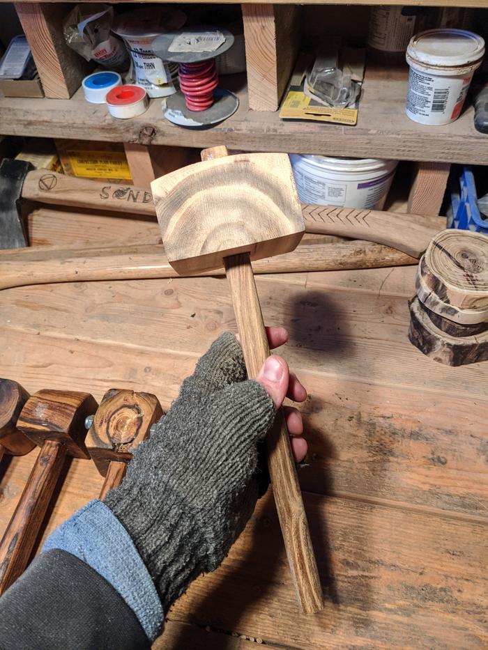 After the normal Sunday cleaning and nest projects I headed down to the shop chisel a handle hole into a mallet/smashet head. 