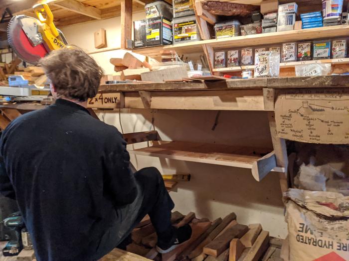 Grey and Reid making a shop shelf for some specific lumber sizes. 