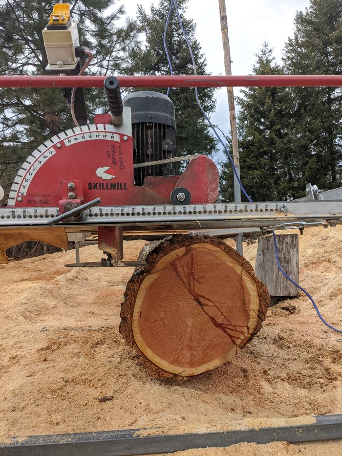 The afternoon at the sawmill with a fresh log. A blade change and a dead battery bank didn't get us far. 