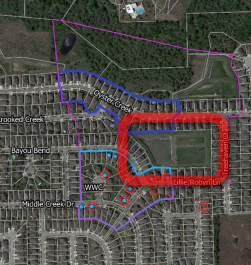 Water Detention area outlined in red