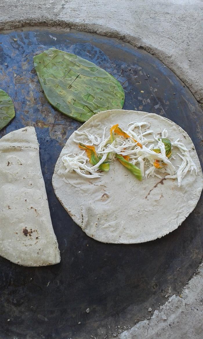 Nopales roasting next to squash flower quesadillas.