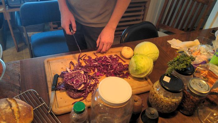Caleb dispatches some red cabbage, which will impart beautiful hues to the sauerkraut