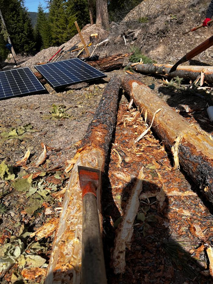 Peeling logs with solar panels in the background