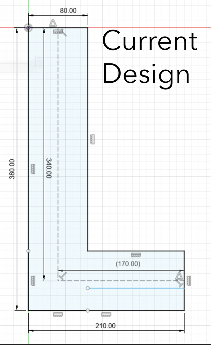 The measurements of the current setup, all in millimeter (mm)