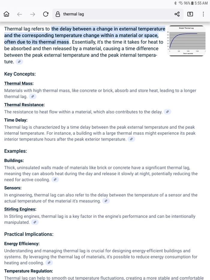 a screenshot of an AI response about thermal lag and the benefits of an earth sheltered building