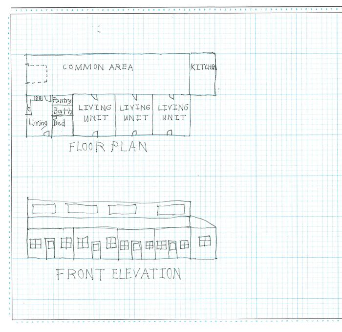 Floor plan and elevation of a modern longhouse with apartments