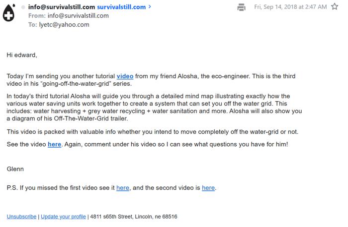 a screenshot of an email from survivalstill.com about water saving systems.