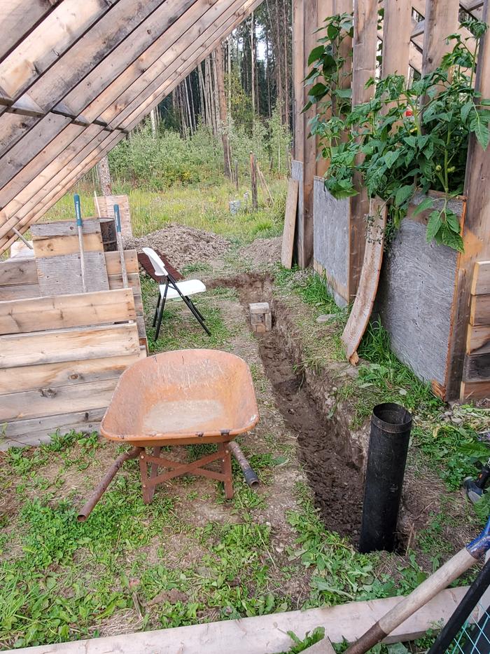 trench for greenhouse rocket mass heater