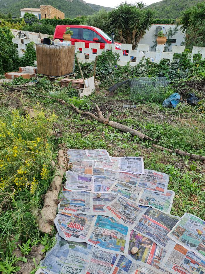 I'm hoping the thick newspaper underneath will hold back weed growth until the path is thick and bedded in