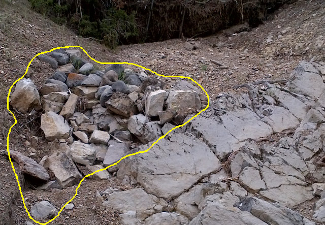 Single layer rock check dam, sitting on bedrock. Built up during several runoff events