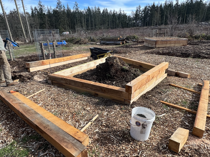 Taking shape, sliding logs into place on the rebar rods at each corner