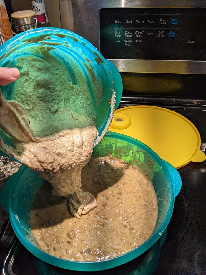 Add sourdough to bran muffin mix 