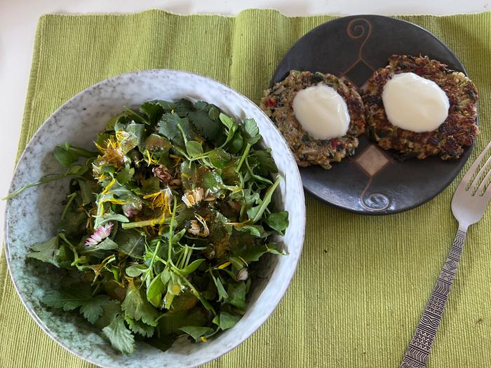 Chickweed, dandelion and daisy flowers on salad. Dandelion flowers and nettle leaves included in cauliflower etc. patties. 