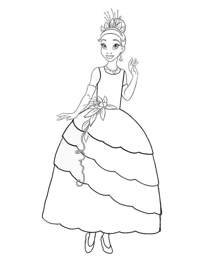 Historically more-accurate coloring page of Tiana's green Robe de Style gown