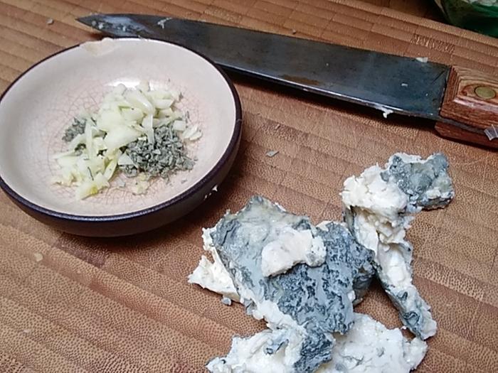 blue cheese rind, fresh herbs, and garlic