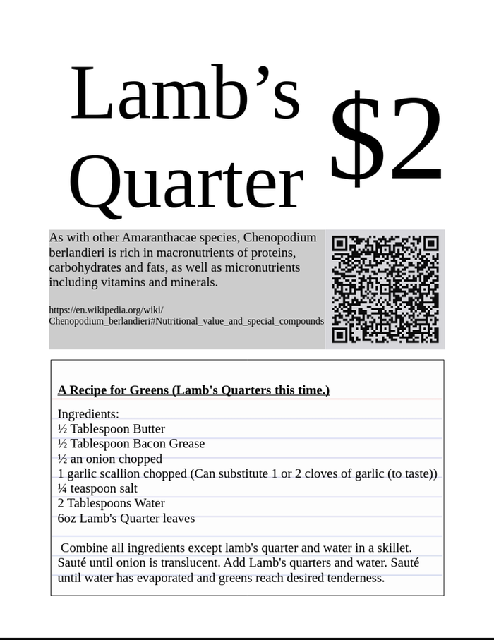 Lamb's Quarter Table Sign with Recipe