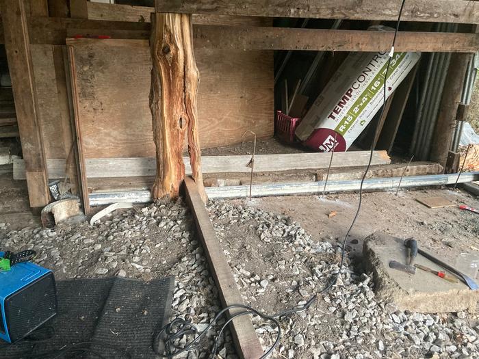 Cedar tree post for one of the bunk bed posts. The gutter down spout will be buried in the wall and serve as a cooling tube in the summer and an air intake flextime to the wood stove in the winter. 