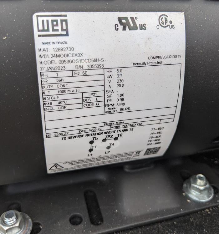 Single phase, 5hp, 2.7kw, 230V, 20.3A??