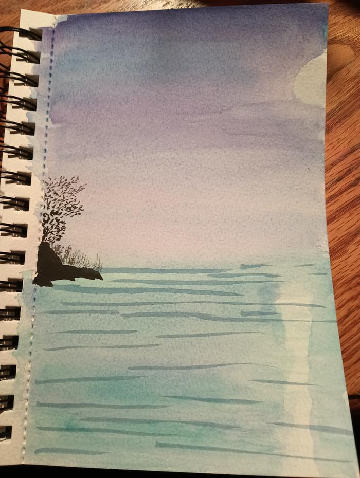 Soft watercolor painting of the moon over the water