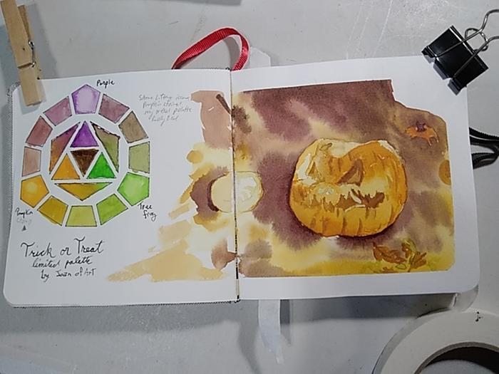 Another but less successful limited palette painting of decaying pumpkins in the local park with November sunlight pouring through the trees