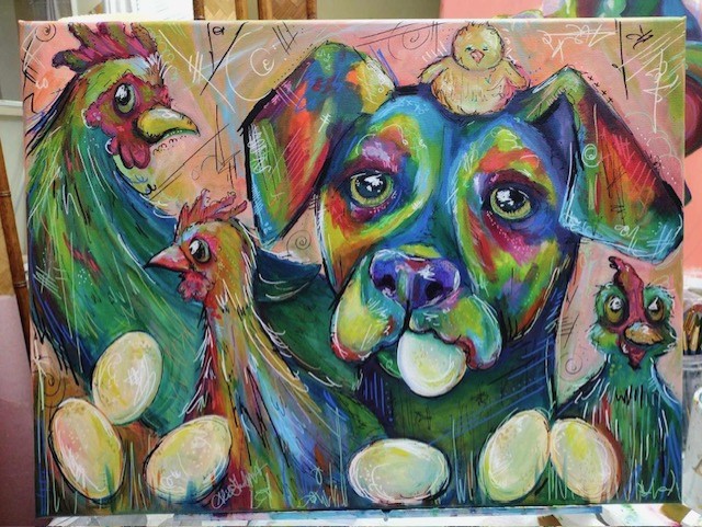 Oil painting of plott hound holding egg in its mouth with several chickens and eggs around.