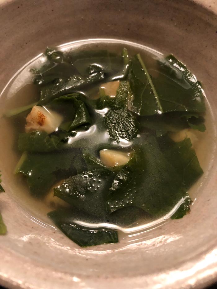 Soup made from wild parsnips and dame's rocket leaves