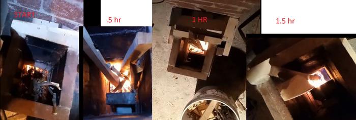 photo montage of rocket mass heater j-tube first burn