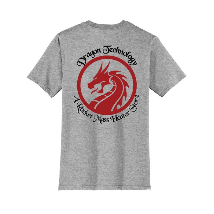 Back of grey tshirt with a big Dragon Technology logo