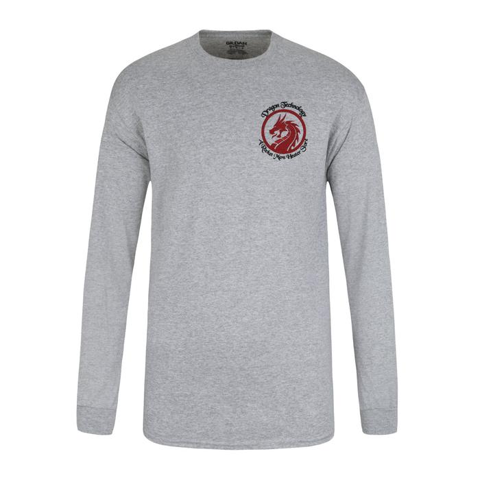 long sleeve grey tshirt with embroidered Dragon Technology logo to advertise rocket mass heater supplies