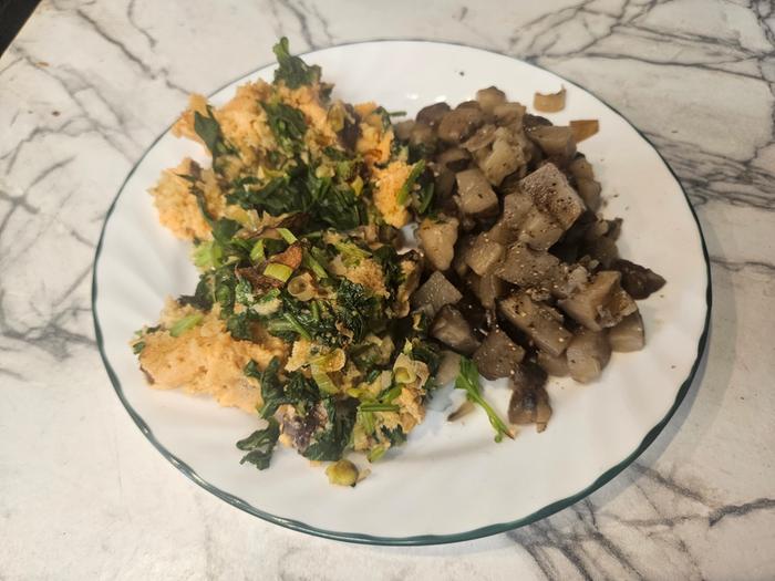 Mustard greens "omlete" with green onions and sunchoke hash