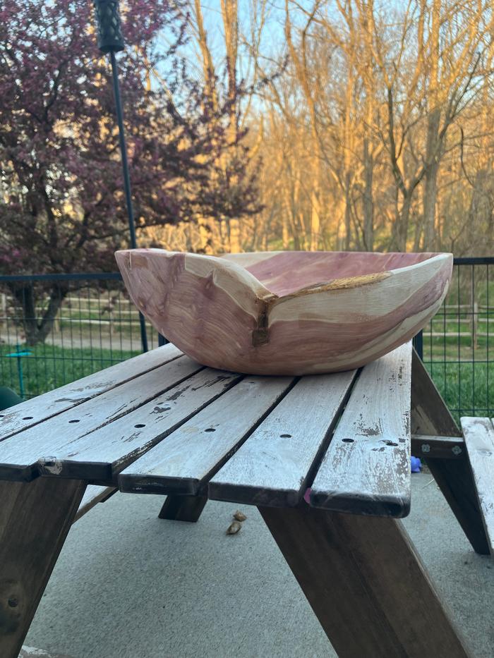 I made this bowl last night (chainsaw, hand planar, and angle grinder are my poor man&rsquo;s wood working tools).