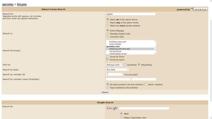 If I want to find out what Paul says about permies apples, I can search Tinkering, with Paul's ID number, to see what he said