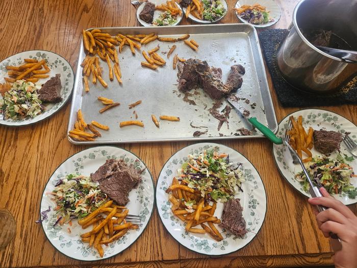 Birthday dinner: salad, elk roast, French fries. Seasing them takes longer, so they are a special treat x8