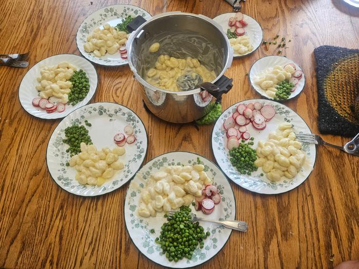 Father's day lunch: gnocchi, peas, radish salad. So much came from my own garden!! X8