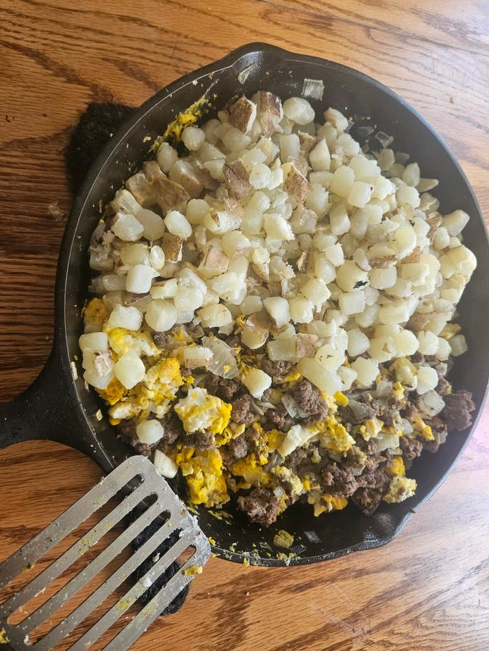 Eggs, potatoes, elk sausage